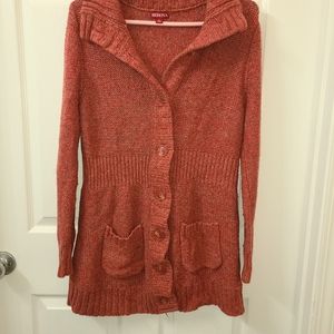 Merona button up sweater with pockets and waist detail brick colored size large